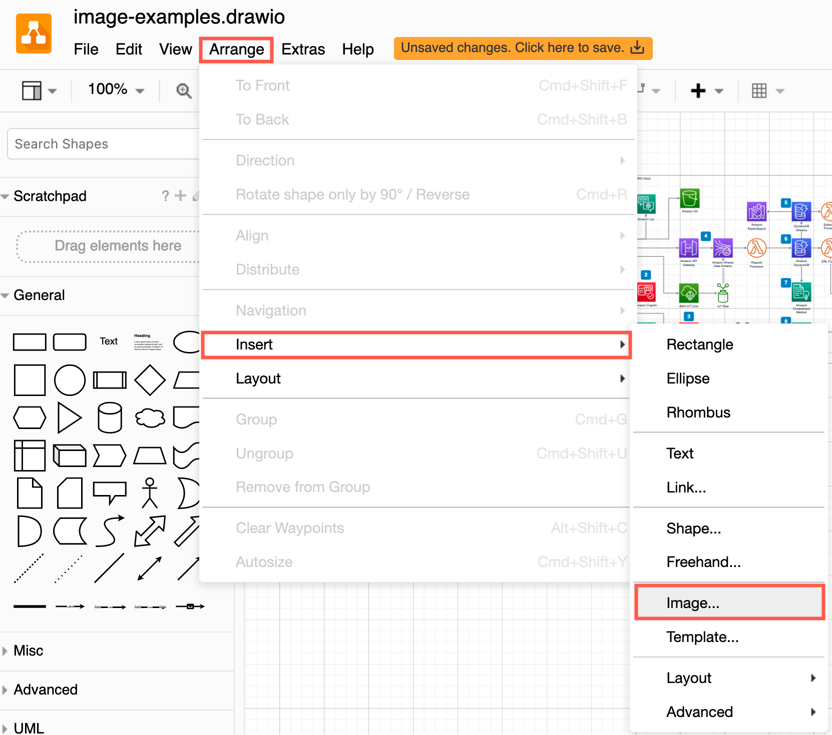 Select Arrange > Insert > Image in the draw.io editor