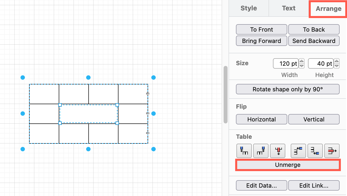 Unmerge table cells in the draw.io and draw.io editor via the Arrange tab in the format panel