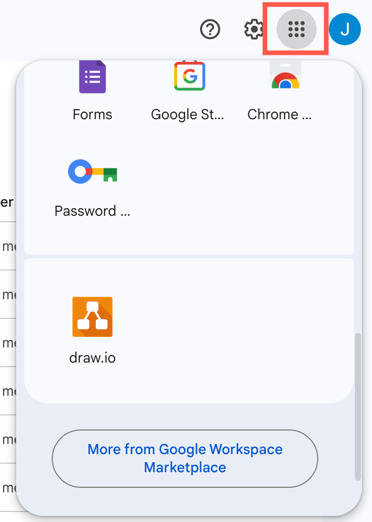 Go to draw.io from Google Drive via the Marketplace apps menu in the top right