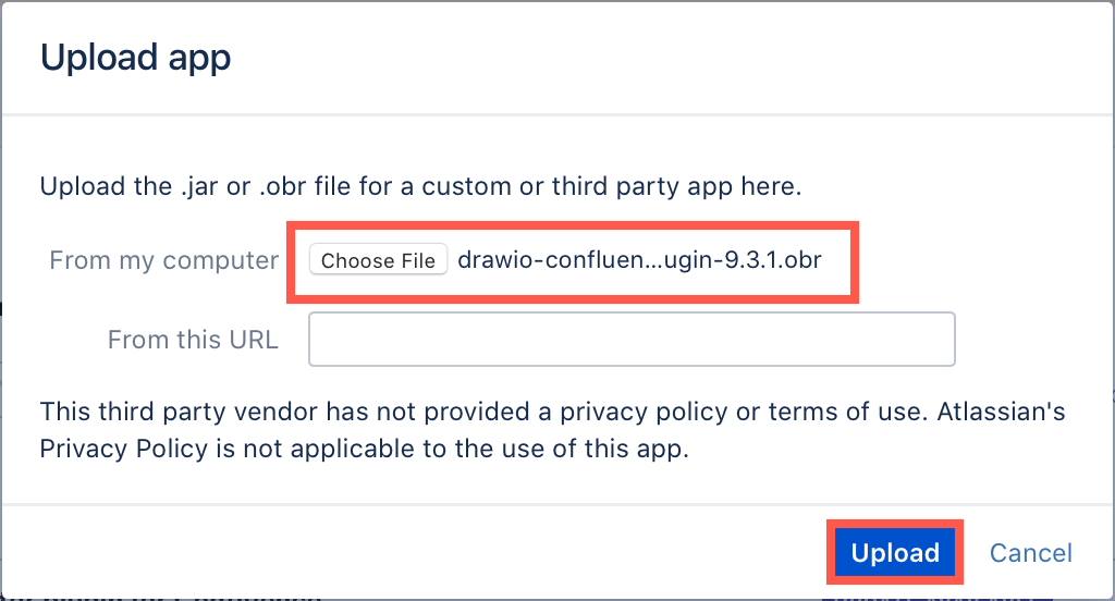 Choose the .obr file you just downloaded to upload to your Confluence Server instance