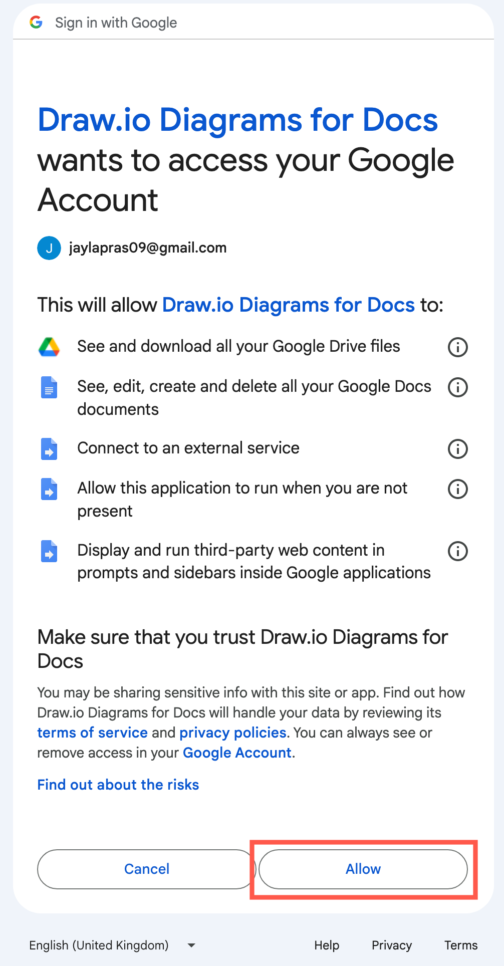 Grant permission for draw.ioto access your Google Drive files and Google Docs